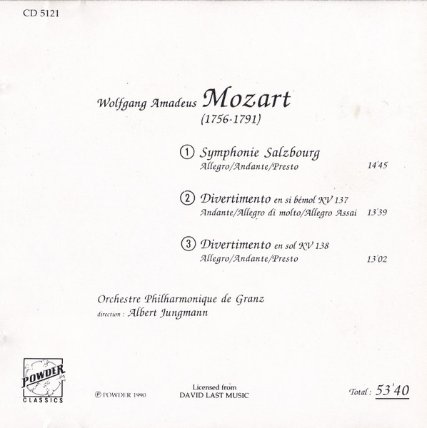 Wolfgang Amadeus Mozart - Symphonie "Salzbourg" / Divertimentos KV 137 & 138 | Powder (CD 5121) - 4 Wolfgang Amadeus Mozart - Symphonie "Salzbourg" / Divertimentos KV 137 & 138 | Powder (CD 5121) - 4