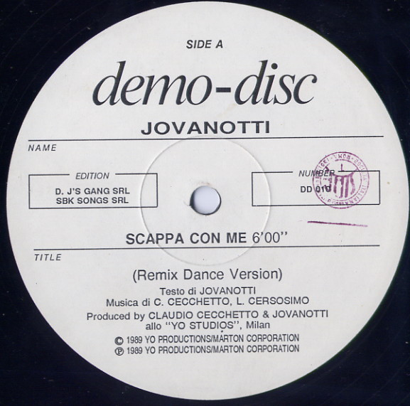 Jovanotti - Scappa Con Me / Ci Provo Gusto (E Il Basso Pompa) | Demo-Disc (DD 010) - main