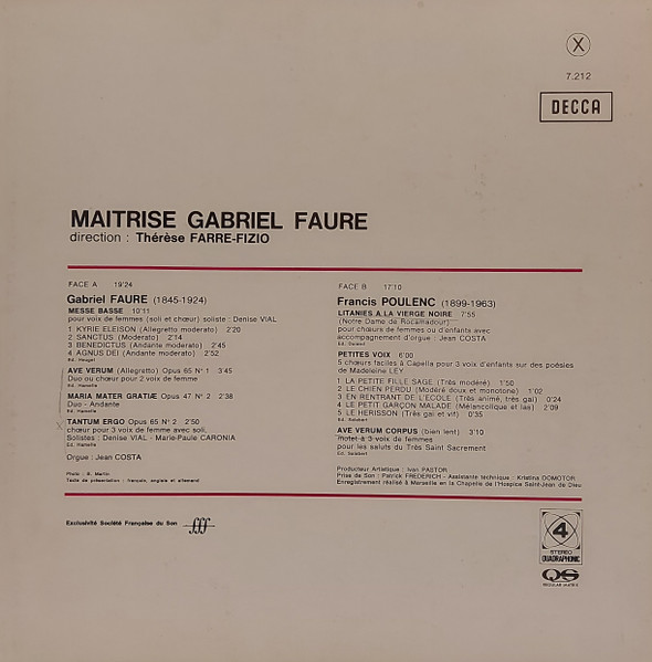 Gabriel Fauré / Francis Poulenc - La Maitrise Gabriel Fauré - Renouveau De La Musique Religieuse | Decca (7.212) - 2