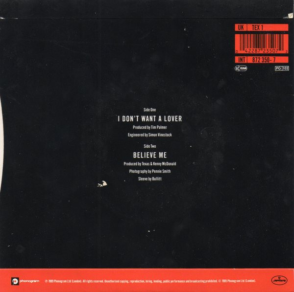 Texas - I Don't Want A Lover | Mercury (TEX 1) - 2