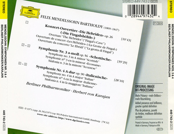 Felix Mendelssohn-Bartholdy - Berliner Philharmoniker , Herbert von Karajan - Symphonien No. 3 »Scottische = Scottish« · No. 4 »Italienische = Italian« | Deutsche Grammophon (449 743-2) - 2
