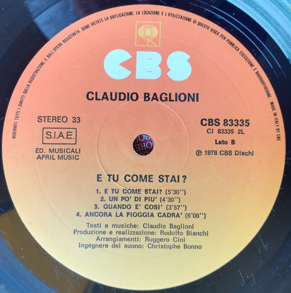 Claudio Baglioni - E Tu Come Stai? | CBS (CBS 83335) - 3 Claudio Baglioni - E Tu Come Stai? | CBS (CBS 83335) - 3