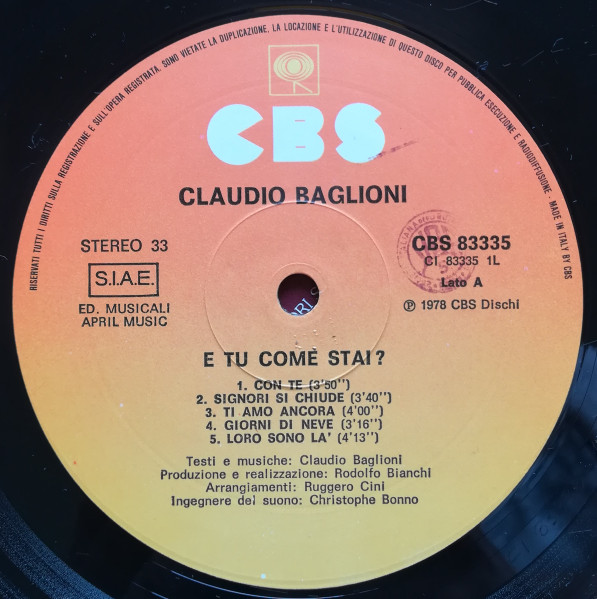 Claudio Baglioni - E Tu Come Stai? | CBS (CBS 83335) - 4 Claudio Baglioni - E Tu Come Stai? | CBS (CBS 83335) - 4