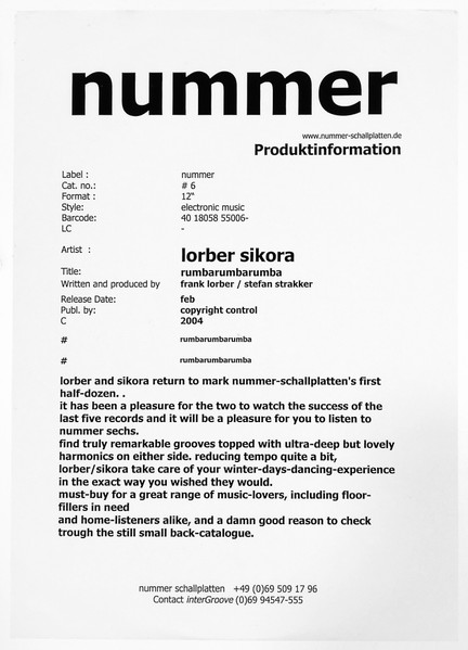 Frank Lorber / Sikora - Rumbarumbarumba | Nummer-Schallplatten (# 6) - 2 Frank Lorber / Sikora - Rumbarumbarumba | Nummer-Schallplatten (# 6) - 2