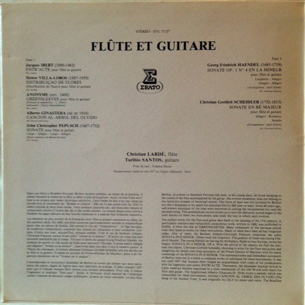 Johann Christoph Pepusch / Georg Friedrich Händel / Christian Gottlieb Scheidler / Heitor Villa-Lobos / Jacques Ibert / Alberto Ginastera , Christian Lardé , Turibio Santos - Flute & Guitare | Erato (STU 71127) - 2