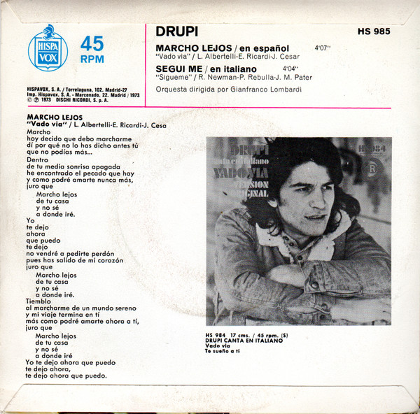 Drupi - Canta En Español Marcho Lejos = Vado Via | Ricordi (HS 985) - 2
