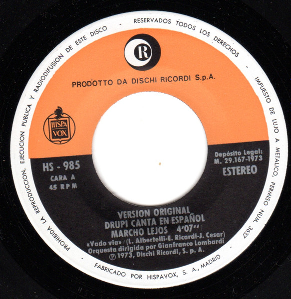 Drupi - Canta En Español Marcho Lejos = Vado Via | Ricordi (HS 985) - 3