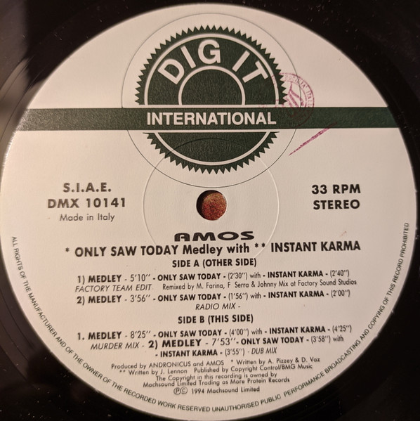 Amos - Only Saw Today Medley With Instant Karma | Dig It International (DMX 10141) - 3