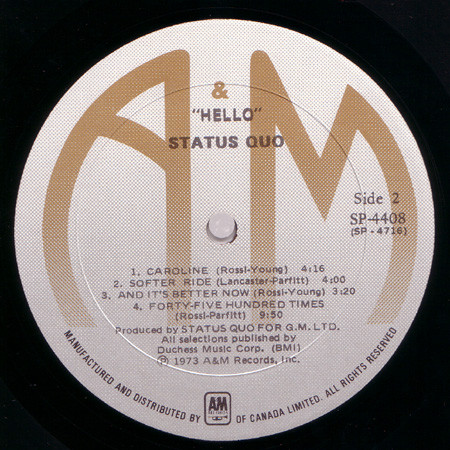 Status Quo - Hello! | A&M Records (SP-4408) - 4
