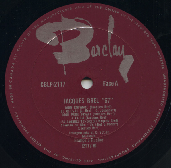 Jacques Brel - Jacques Brel 67 [Vinyl] | Barclay (CBLP 2117) - 2