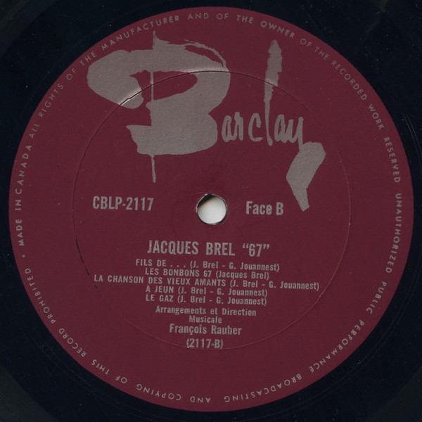 Jacques Brel - Jacques Brel 67 [Vinyl] | Barclay (CBLP 2117) - 3