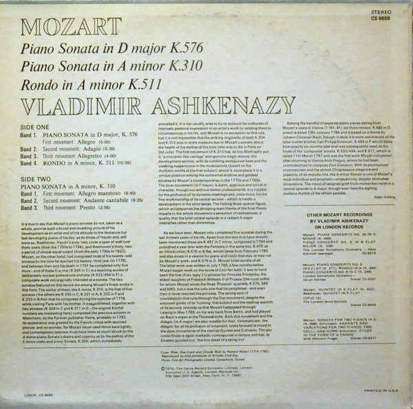 Wolfgang Amadeus Mozart - Piano Sonata In D Major K.576; Piano Sonata In A Minor K.310; Rondo In A Minor K.511 | London Records (CS 6659) - 2