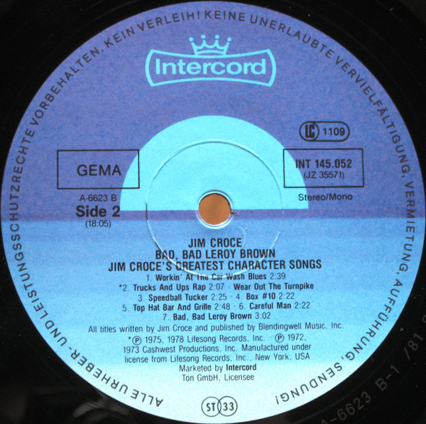 Jim Croce - Bad, Bad Leroy Brown / Jim Croce's Greatest Character Songs | Intercord (INT 145.052) - 4