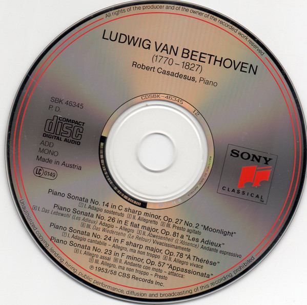 Ludwig van Beethoven : Robert Casadesus - Piano Sonatas (No. 14 "Mondscheinsonate" = "Moonlight · Claie De Lune" / No. 23 "Appassionata" / No. 24 "À Thérèse" / No. 26 "Les Adieux" | Sony Classical (SBK 46345) - 3