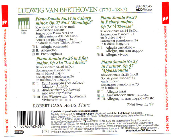 Ludwig van Beethoven : Robert Casadesus - Piano Sonatas (No. 14 "Mondscheinsonate" = "Moonlight · Claie De Lune" / No. 23 "Appassionata" / No. 24 "À Thérèse" / No. 26 "Les Adieux" | Sony Classical (SBK 46345) - 2