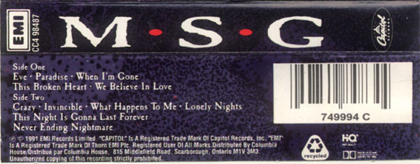 McAuley Schenker Group - MSG [Cassette] | Capitol Records (CC4 98487) - 2
