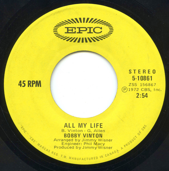 Bobby Vinton - Sealed With A Kiss / All My Life (7") [Vinyl] | Epic (5-10861) - 2