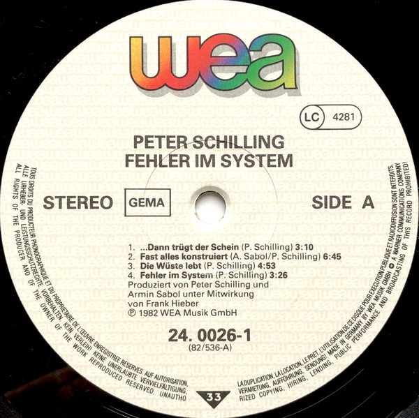 Peter Schilling - Fehler Im System | WEA (24. 0026-1) - 3 Peter Schilling - Fehler Im System | WEA (24. 0026-1) - 3
