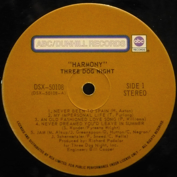 Three Dog Night - Harmony [Vinyl] | ABC/Dunhill Records (DSX 50108) - 3