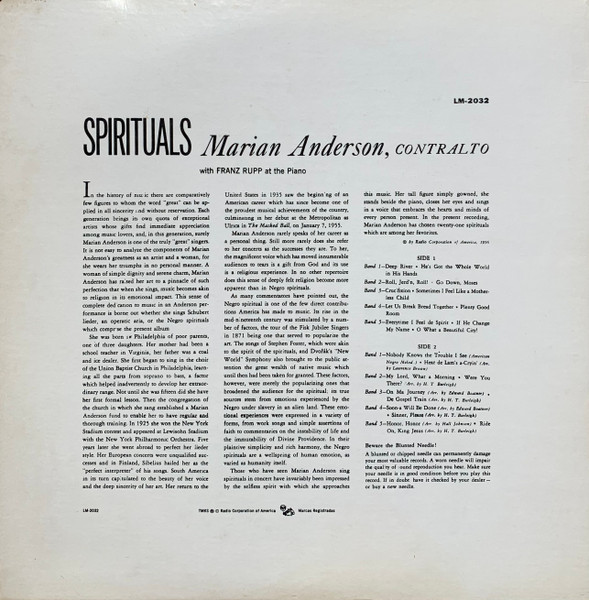 Marian Anderson - Spirituals [Vinyl] | RCA Victor Red Seal (LM 2032) - 2