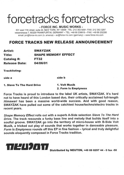 Swayzak - Shape Memory Effect | Force Tracks (FT32) - 2 Swayzak - Shape Memory Effect | Force Tracks (FT32) - 2