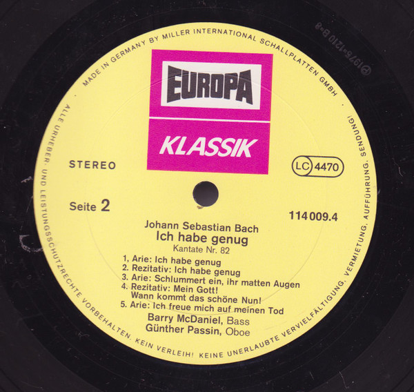 Johann Sebastian Bach , Barry McDaniel - Kreuzstabkantate / Ich Habe Genug | Europa Klassik (114 009.4) - 4