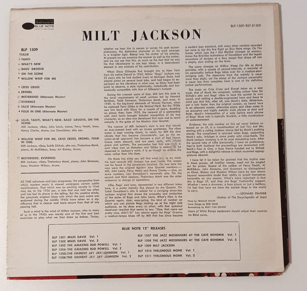 Milt Jackson With John Lewis , The Thelonious Monk Quintet - Milt Jackson With John Lewis | Blue Note (BLP 1509) - 2 Milt Jackson With John Lewis , The Thelonious Monk Quintet - Milt Jackson With John Lewis | Blue Note (BLP 1509) - 2