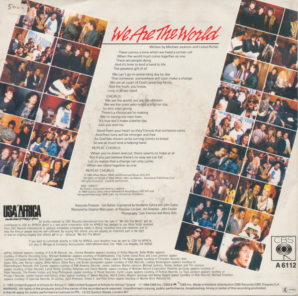 USA For Africa - We Are The World | CBS (A 6112) - 2