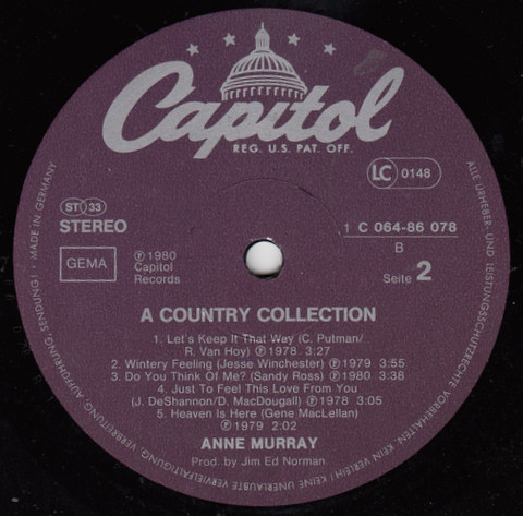 Anne Murray - A Country Collection | Capitol Records (1C 064-86 078) - 3 Anne Murray - A Country Collection | Capitol Records (1C 064-86 078) - 3