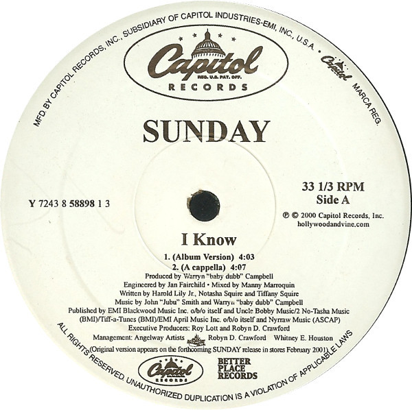 Sunday - I Know | Capitol Records (Y 7243 8 58898 1 3) - main Sunday - I Know | Capitol Records (Y 7243 8 58898 1 3) - main