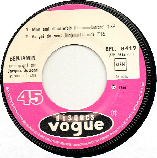 Benjamin - Mon Ami D'autrefois | Disques Vogue (EPL 8419) - 3