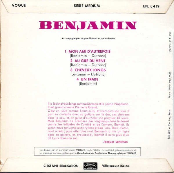 Benjamin - Mon Ami D'autrefois | Disques Vogue (EPL 8419) - 2