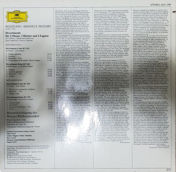 Wolfgang Amadeus Mozart - Bläservereinigung Der Wiener Philharmoniker - Divertimenti | Deutsche Grammophon (2531 296) - 2