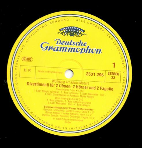 Wolfgang Amadeus Mozart - Bläservereinigung Der Wiener Philharmoniker - Divertimenti | Deutsche Grammophon (2531 296) - 3