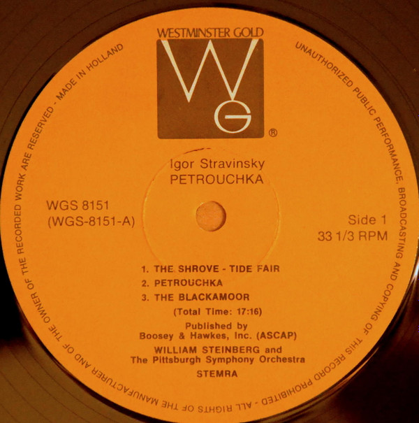Igor Stravinsky , William Steinberg / Pittsburgh Symphony Orchestra - Petrouchka | Westminster Gold (WGS-8151) - 2