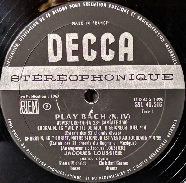 Johann Sebastian Bach – Jacques Loussier - Christian Garros , Pierre Michelot - Play Bach N° 4 [Vinyl] | Decca (SSL 40.516) - 5