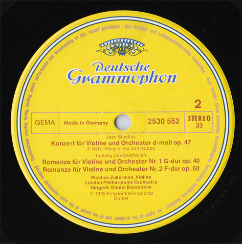Jean Sibelius , Ludwig van Beethoven , London Philharmonic Orchestra , Pinchas Zukerman , Daniel Barenboim - Sibelius: Violinkonzert = Violin Concerto / Beethoven: Violinromanzen = Romances For Violin | Deutsche Grammophon (2530 552) - 2 Jean Sibelius , Ludwig van Beethoven , London Philharmonic Orchestra , Pinchas Zukerman , Daniel Barenboim - Sibelius: Violinkonzert = Violin Concerto / Beethoven: Violinromanzen = Romances For Violin | Deutsche Grammophon (2530 552) - 2