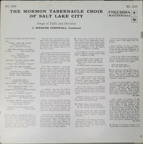 Mormon Tabernacle Choir - Songs Of Faith And Devotion | Columbia Masterworks (ML 5203) - 2 Mormon Tabernacle Choir - Songs Of Faith And Devotion | Columbia Masterworks (ML 5203) - 2