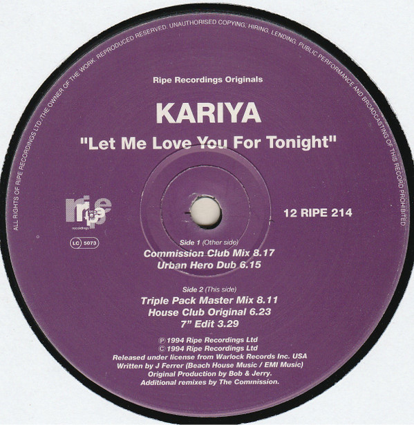 Kariya - Let Me Love You For Tonight | Ripe Recordings (12 RIPE 214) - 3