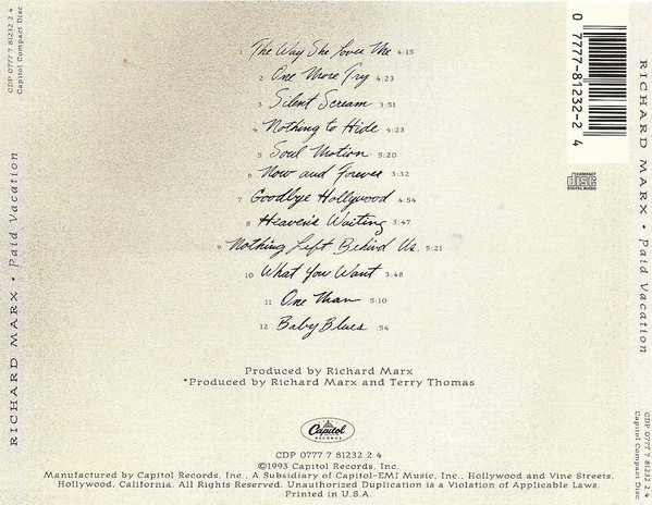 Richard Marx - Paid Vacation | Capitol Records (CDP 0777 7 81232 2 4) - 2