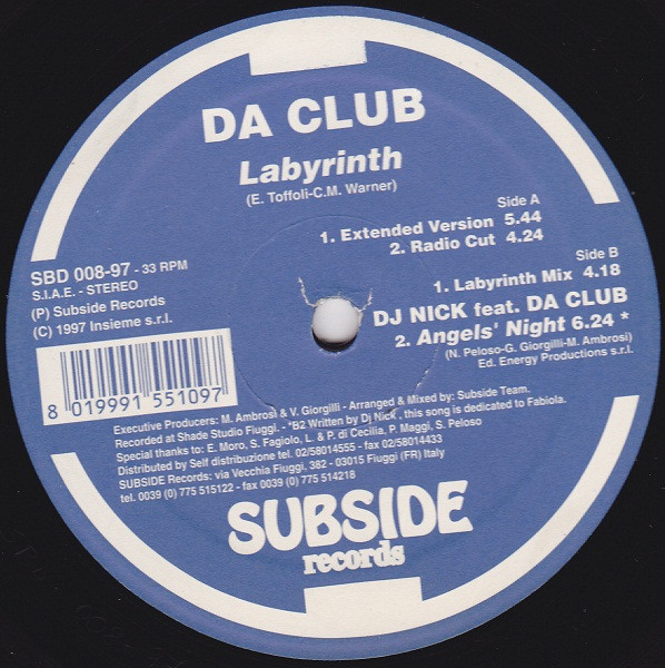Da Club / DJ Nick feat Da Club - Labyrinth / Angels' Night | Subside Records (SBD 008-97) - main