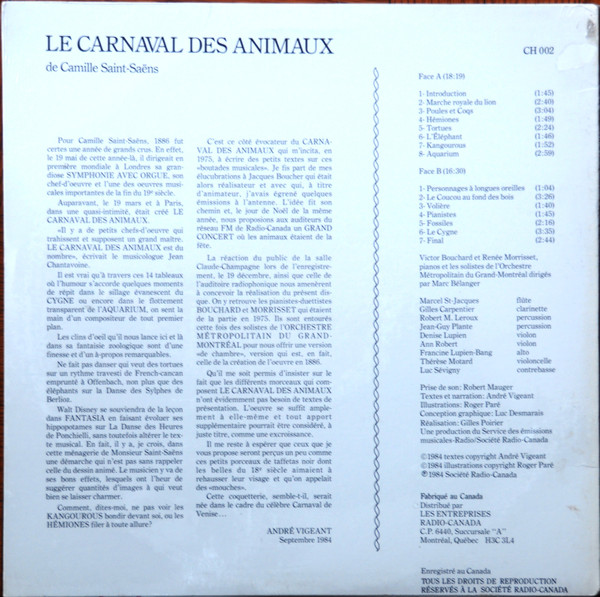 Camille Saint-Saëns , Victor Bouchard , Renée Morisset , Orchestre Métropolitain du Grand Montréal - Le Carnaval Des Animaux | Société Radio-Canada (CH 002) - 2 Camille Saint-Saëns , Victor Bouchard , Renée Morisset , Orchestre Métropolitain du Grand Montréal - Le Carnaval Des Animaux | Société Radio-Canada (CH 002) - 2