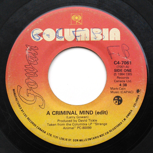 Gowan - A Criminal Mind (7") [Vinyl] | Columbia (C4-7061) - 2