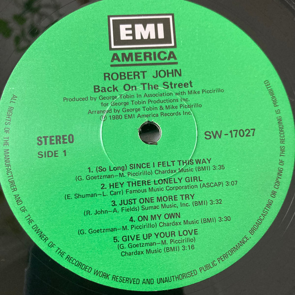 Robert John - Back On The Street | EMI America (SW-17027) - 3