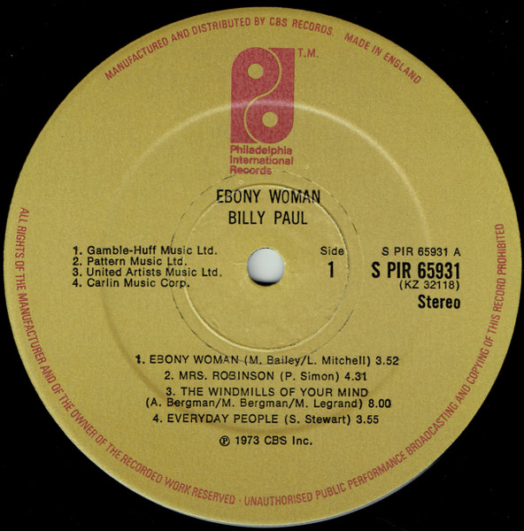 Billy Paul - Ebony Woman | Philadelphia International Records (PIR 65931) - 3 Billy Paul - Ebony Woman | Philadelphia International Records (PIR 65931) - 3