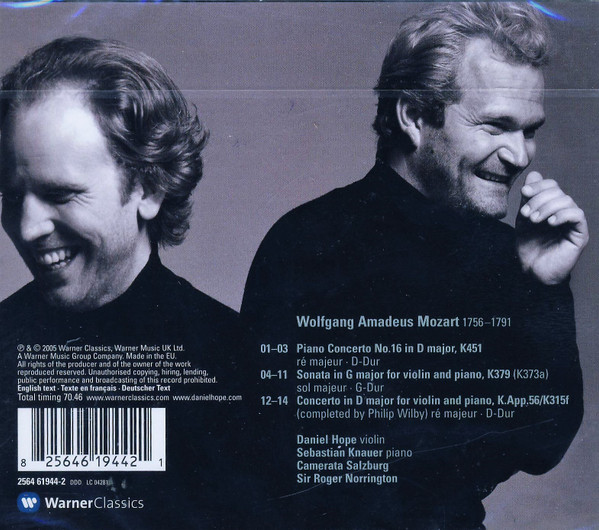 Wolfgang Amadeus Mozart / Daniel Hope , Sebastian Knauer , Camerata Academica Salzburg , Roger Norrington - Piano Concerto No.16 / Concerto In D Major For Violin And Piano / Violin Sonata In G Major | Warner Classics (2564 61944-2) - 2