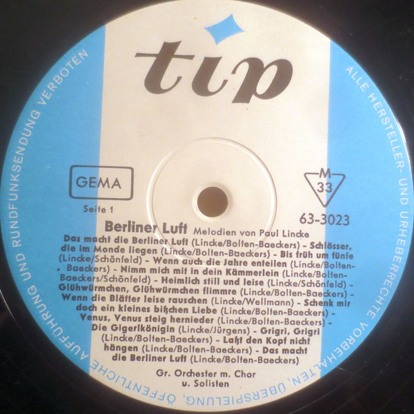 Walter Kollo Und Paul Lincke - Berliner Luft - Melodien Von Walter Kollo Und Paul Lincke | Tip (63-3023) - 3 Walter Kollo Und Paul Lincke - Berliner Luft - Melodien Von Walter Kollo Und Paul Lincke | Tip (63-3023) - 3