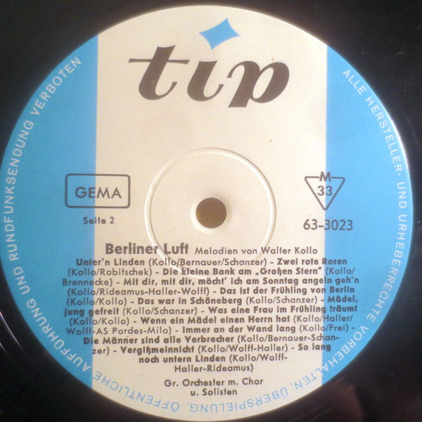 Walter Kollo Und Paul Lincke - Berliner Luft - Melodien Von Walter Kollo Und Paul Lincke | Tip (63-3023) - 4 Walter Kollo Und Paul Lincke - Berliner Luft - Melodien Von Walter Kollo Und Paul Lincke | Tip (63-3023) - 4