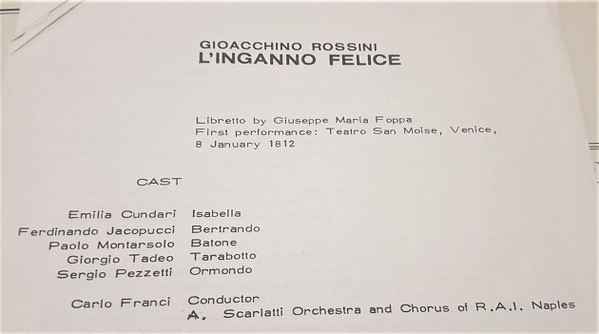Gioacchino Rossini , Paolo Montarsolo , Emilia Cundari , Carlo Franci - L' Inganno Felice | Voce (VOCE-4) - 2