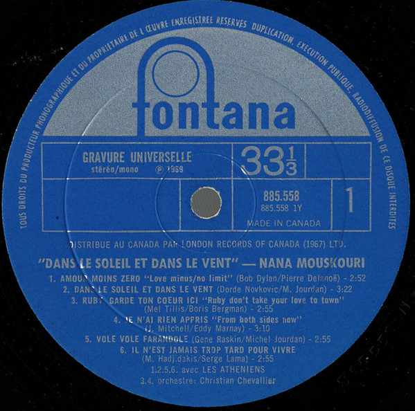 Nana Mouskouri - Dans Le Soleil Et Dans Le Vent | Fontana (885.558) - 3 Nana Mouskouri - Dans Le Soleil Et Dans Le Vent | Fontana (885.558) - 3